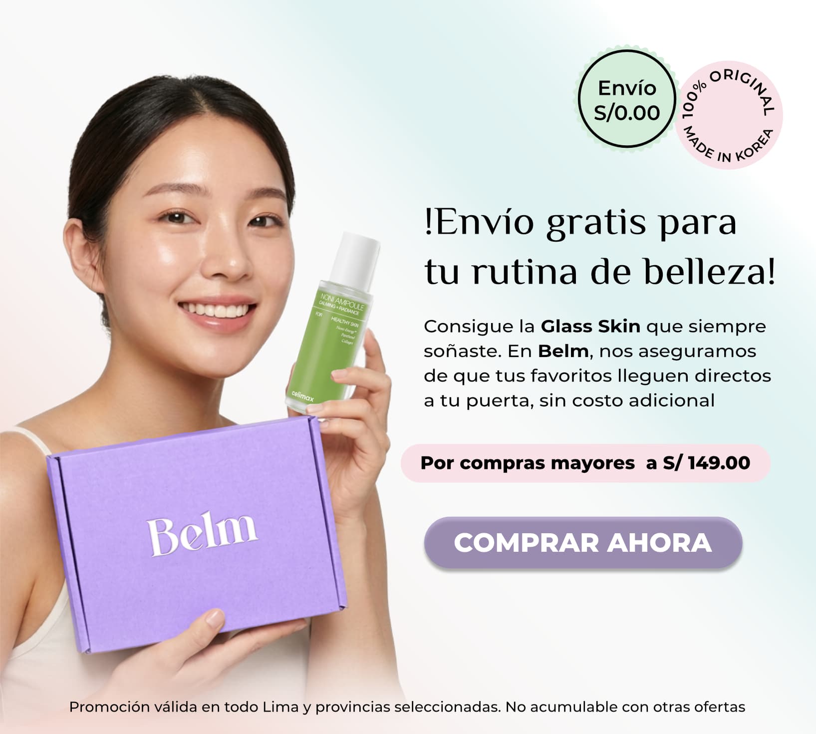 belm.pe envío gratis en Perú, Celimax Noni Ampoule y caja Belm para rutina glass skin 100% original Made in Korea por compras desde S/149