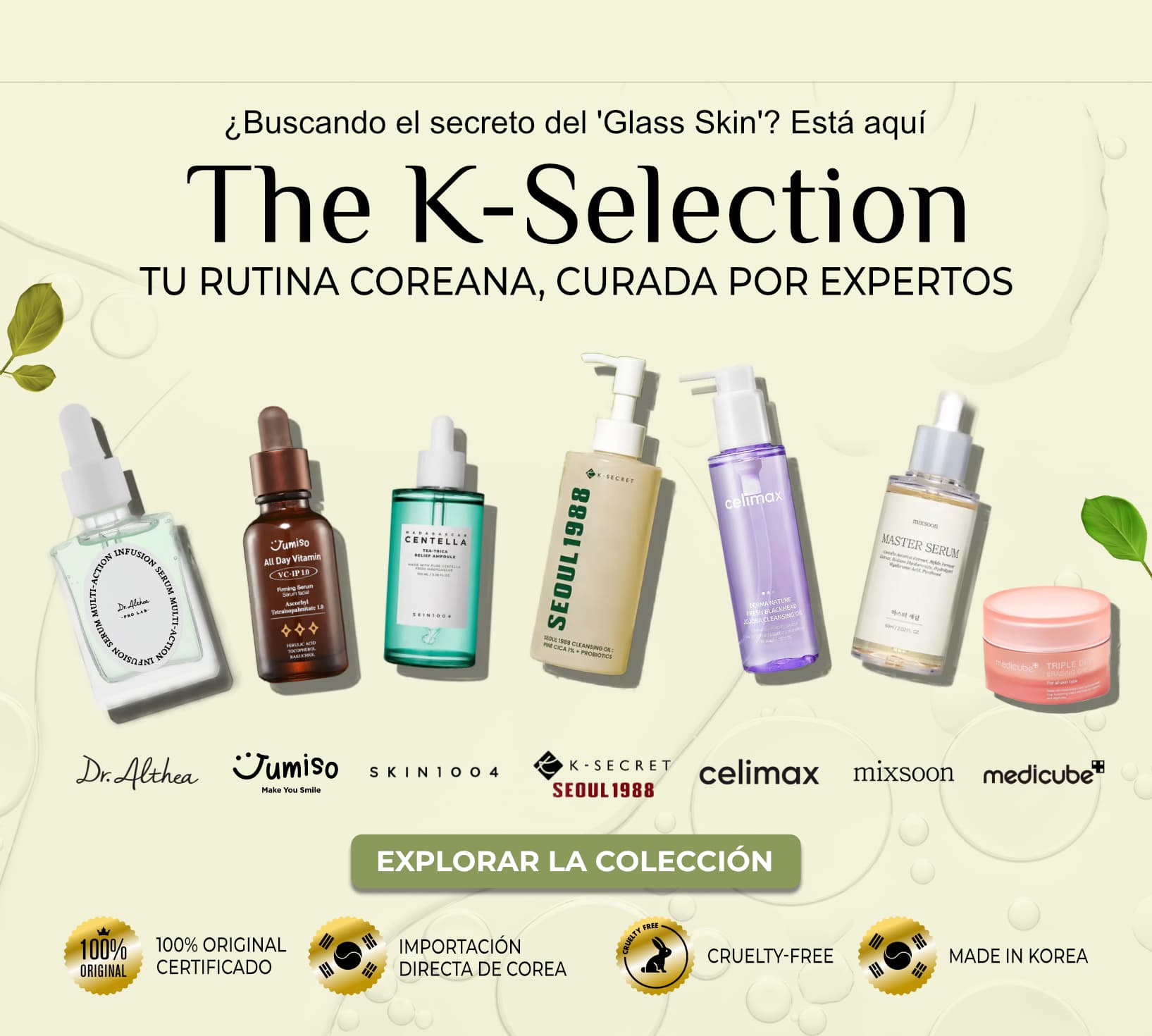 Colección The K-Selection belm.pe, rutina glass skin con Dr. Althea, Jumiso, SKIN1004, K-Secret Seoul 1988, Celimax, Mixsoon y Medicube importados de Corea