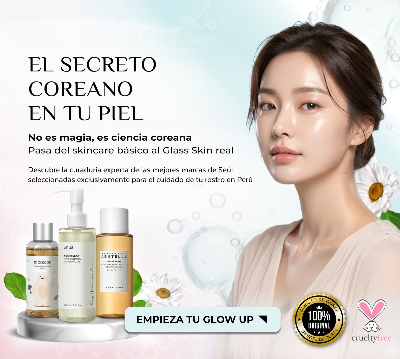 Banner belm.pe glass skin y glow up coreano en Perú Mixsoon, Anua Heartleaf Cleansing Oil y SKIN1004 Centella Toner marcas originales de Seúl